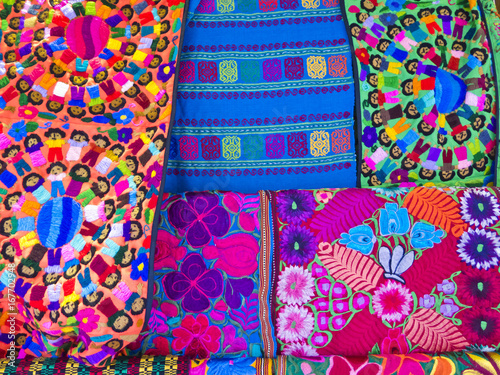 Colorful traditional mexican textils  on the street market, Playa del Carmen, Mexico photo