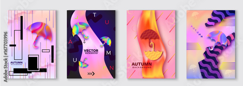 Umbrella abstract color poster set, autumn season concept in trendy 90s style with fluid gradients, lines, liquid texture, holographic background, banner, cover, invitation, flyer, vector illustration