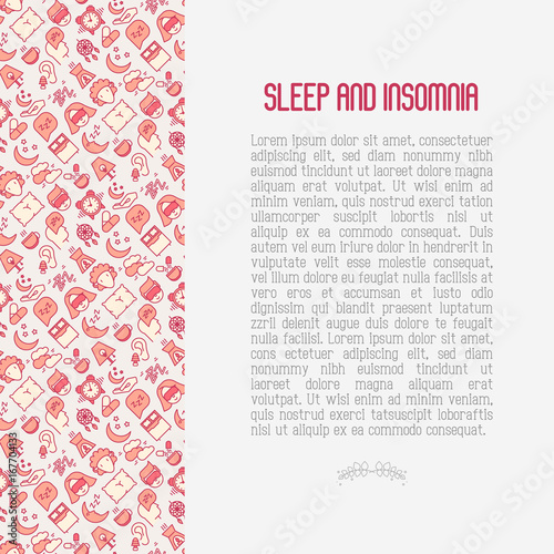 Sleep and insomnia concept with thin line icons: man in sleeping mask, comfortable pillow, alarm, aroma lamp, earplugs, sheep. Vector illustration for banner, web page, print media.