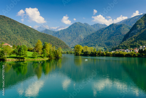 Beautiful natural landscape - the Socha river near the village of Most na Sochi  Slovenia.