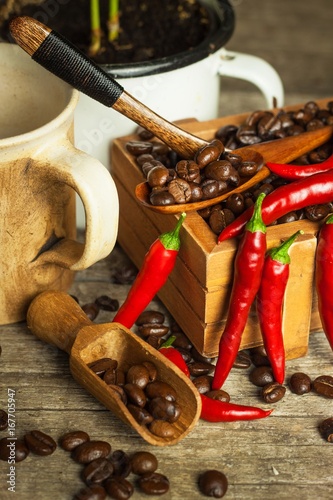 Coffee beans and fresh chili peppers. Trade in crops. Advertise for coffee shop.
