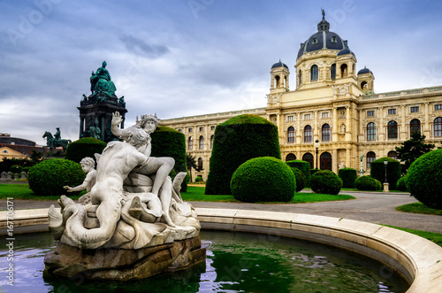 Maria-Theresien-Platz in Vienna, public park and fountain with the Natural History Museum on the background photo