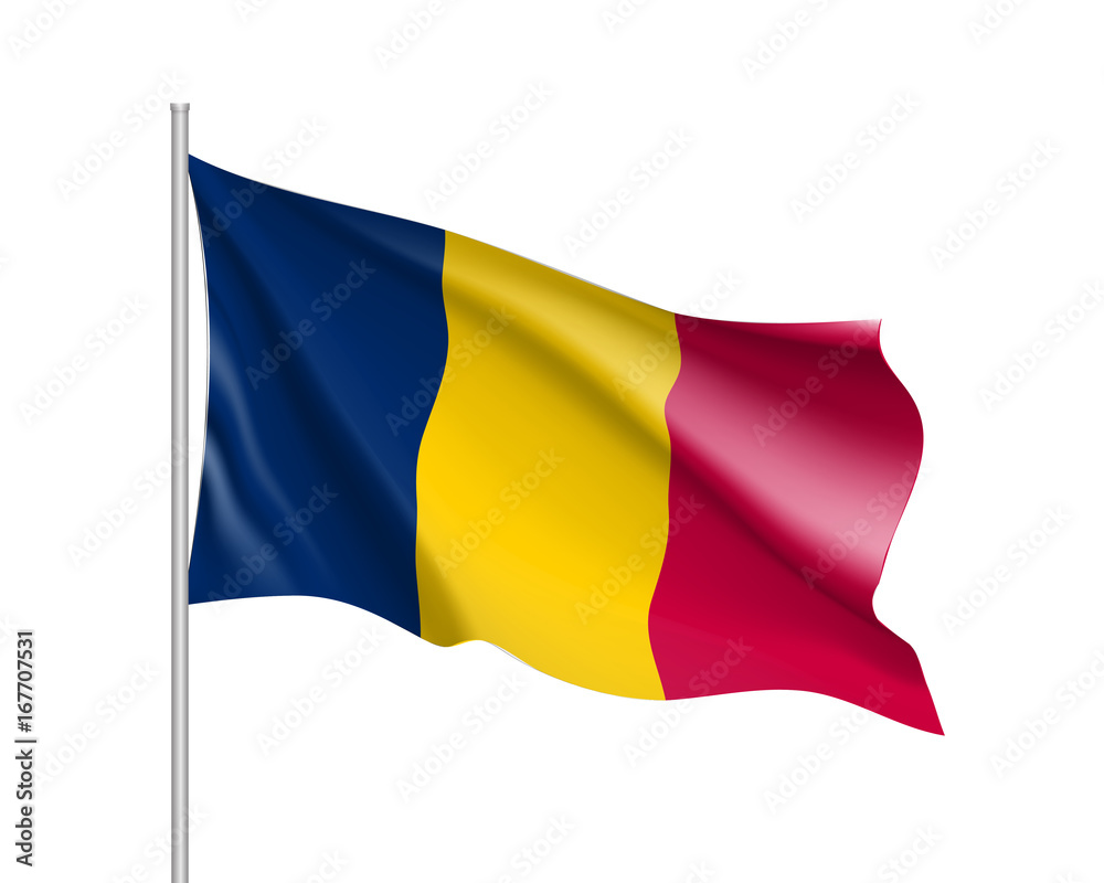 Chad flag. Illustration of African country waving flag on flagpole. Vector 3d icon isolated on white background. Realistic illustration Chad flag. Illustration of African country waving flag on flagpole. Vector 3d icon isolated on white background. Realistic illustration