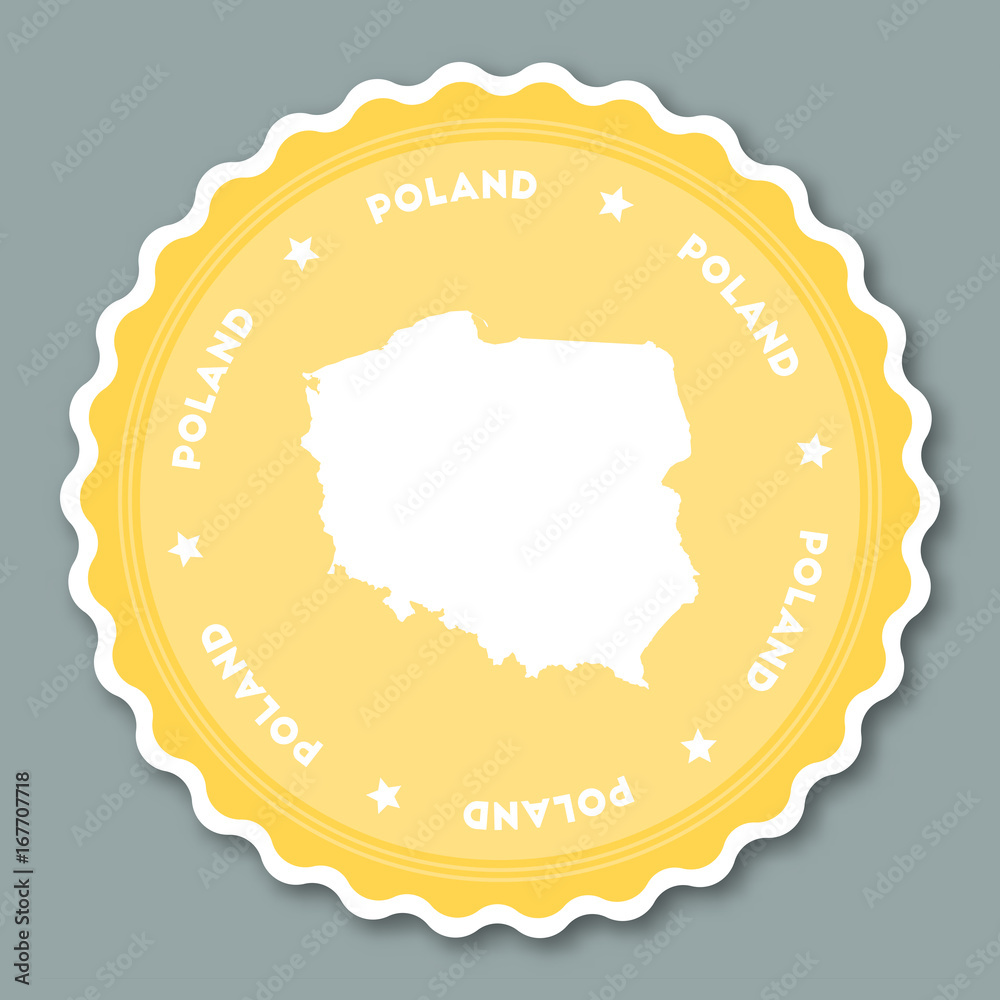 Naklejka premium Poland sticker flat design. Round flat style badges of trendy colors with country map and name. Country sticker vector illustration.