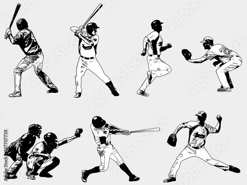 baseball players set - sketch illustration, vector