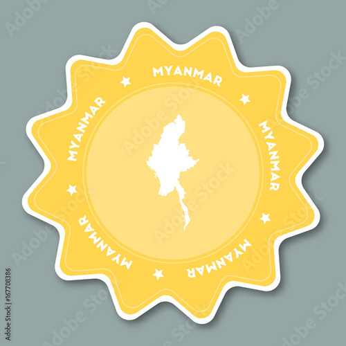 Myanmar map sticker in trendy colors. Star-shaped travel sticker with country name and map. Can be used as logo, badge, label, tag, sign, stamp or emblem. Travel badge vector illustration.