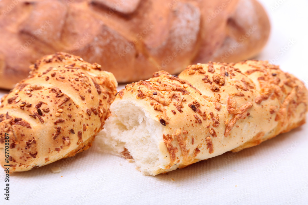 Assorted Fresh homemade bread on white background. Selective focus
