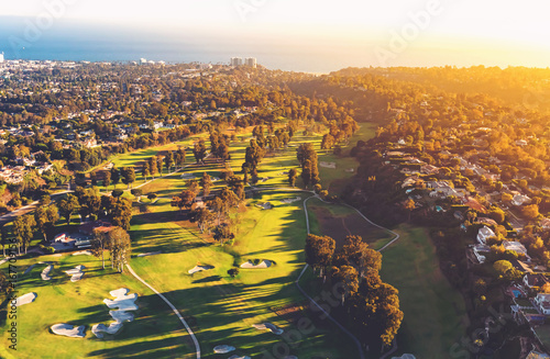 Aerial view of a golf course country club in Los Angeles, CA