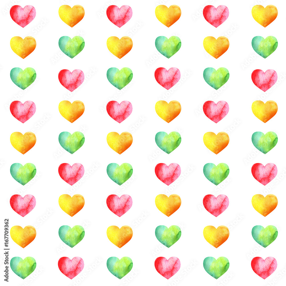 Seamless pattern watercolor with color hearts