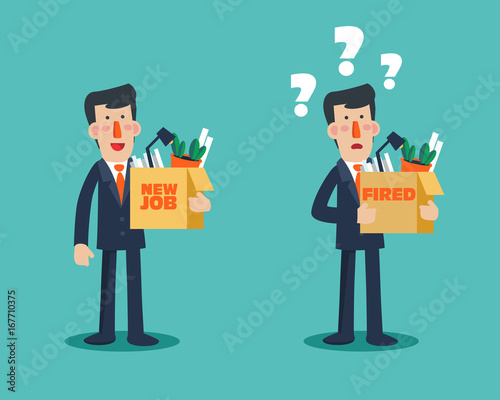 Successful smiling young business man holding a box with her things and dismissed frustrated businessman. "Welcome to the new job" business concept. Unemployment, jobless and employee job reduction