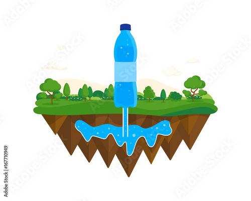 Natural water source. Ecology concept. A piece of natural waste with trees and bushes. Natural source of water from the bowels of the earth. Water extraction infographics.