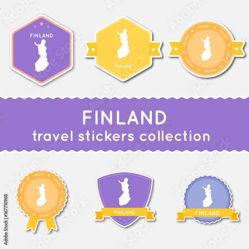 Finland travel stickers collection. Big set of stickers with country map and name. Flat material style badges vector illustration.