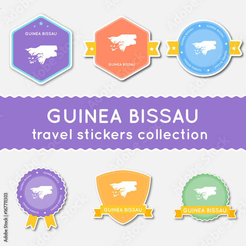 Guinea-Bissau travel stickers collection. Big set of stickers with country map and name. Flat material style badges vector illustration.