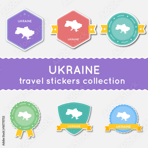 Ukraine travel stickers collection. Big set of stickers with country map and name. Flat material style badges vector illustration.