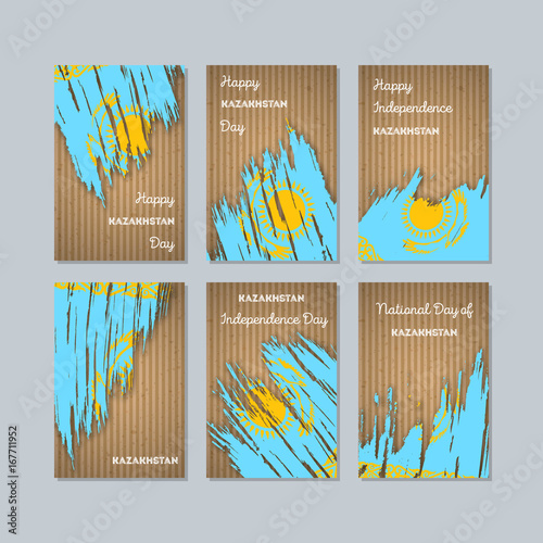 Kazakhstan Patriotic Cards for National Day. Expressive Brush Stroke in National Flag Colors on kraft paper background. Kazakhstan Patriotic Vector Greeting Card.