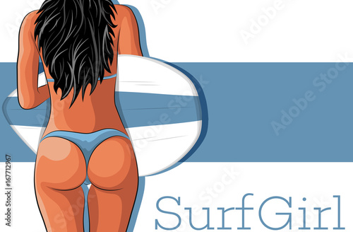Sexy young surfer girl in swimsuit illustration