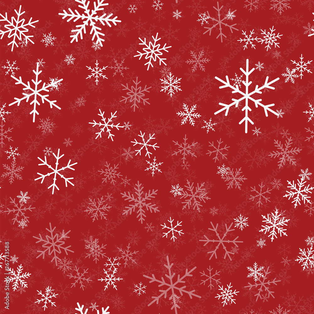 White snowflakes seamless pattern on red Christmas background. Chaotic scattered white snowflakes. Brilliant Christmas creative pattern. Vector illustration. White snowflakes seamless pattern on red Christmas background. Chaotic scattered white snowflakes. Brilliant Christmas creative pattern. Vector illustration.
