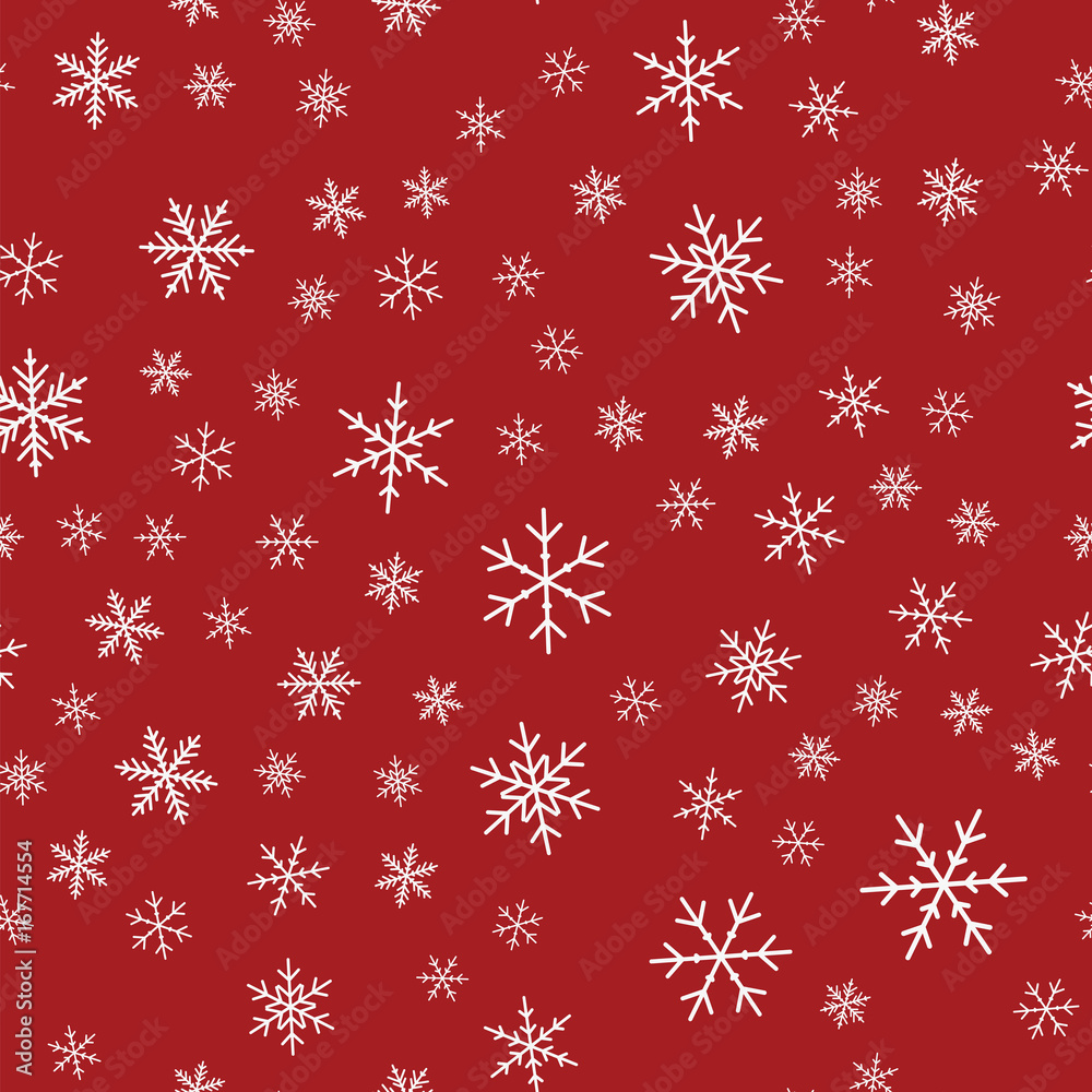 White snowflakes seamless pattern on red Christmas background. Chaotic scattered white snowflakes. Exceptional Christmas creative pattern. Vector illustration. White snowflakes seamless pattern on red Christmas background. Chaotic scattered white snowflakes. Exceptional Christmas creative pattern. Vector illustration.
