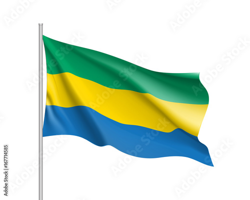 Gabon flag. Illustration of African country waving flag on flagpole. Vector 3d icon isolated on white background. Realistic illustration