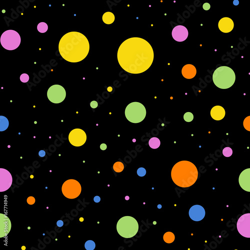 Colorful polka dots seamless pattern on black 2 background. Resplendent classic colorful polka dots textile pattern. Seamless scattered confetti fall chaotic decor. Abstract vector illustration.