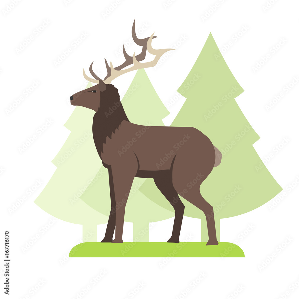 Image in a flat style, cartoon deer on the grass and in the background grow trees Image in a flat style, cartoon deer on the grass and in the background grow trees