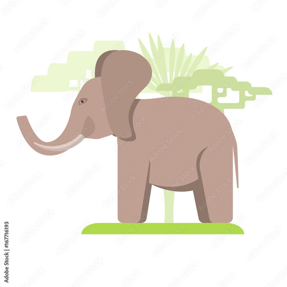 Fototapeta premium Image in a flat style, cartoon elephant on the grass and in the background grow trees