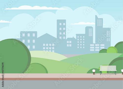 Fototapeta Naklejka Na Ścianę i Meble -  Cityscape of a big metropolis. Calm street. Flat picture of the city. Park, green trees in the city. Urban background. Background with houses. Cozy property. Alley for walks in the park