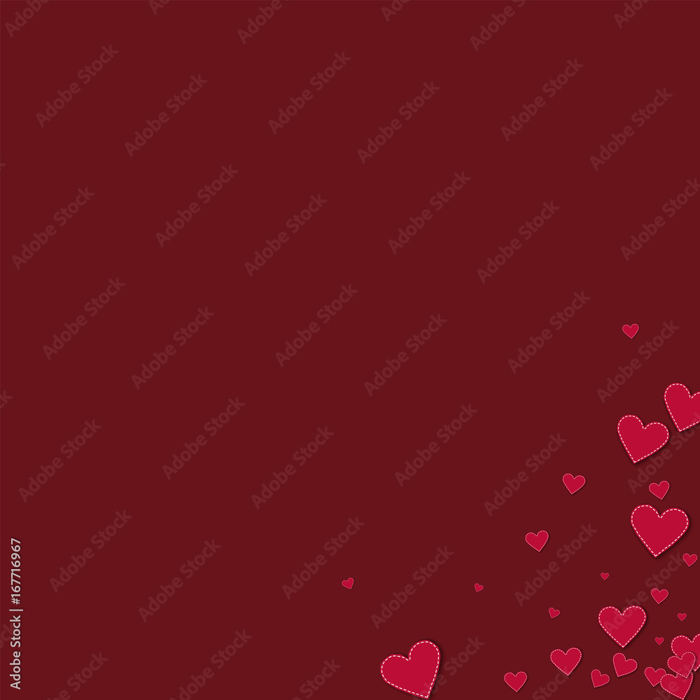 Red stitched paper hearts. Messy bottom right corner on wine red background. Vector illustration. Red stitched paper hearts. Messy bottom right corner on wine red background. Vector illustration.