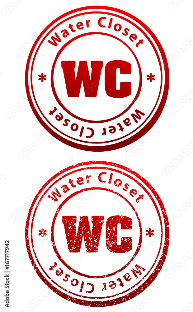 Pair of red rubber stamps in grunge and solid style with caption Water Closet and abbreviation WC Pair of red rubber stamps in grunge and solid style with caption Water Closet and abbreviation WC