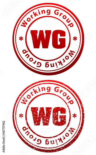 Pair of red rubber stamps in grunge and solid style with caption Working Group and abbreviation WG