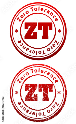 Pair of red rubber stamps in grunge and solid style with caption Zero Tolerance and abbreviation ZT