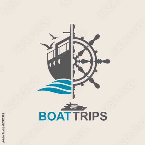 helm wheel image with yacht and sea waves