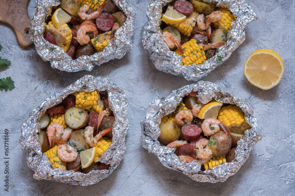 Homemade Traditional Cajun Shrimp Boil with Sausage Potato and Corn