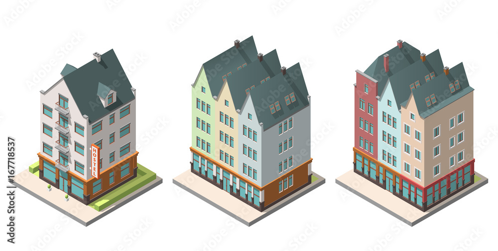 Vector isometric buildings set. Isolated on white background. Included hotel, residential building