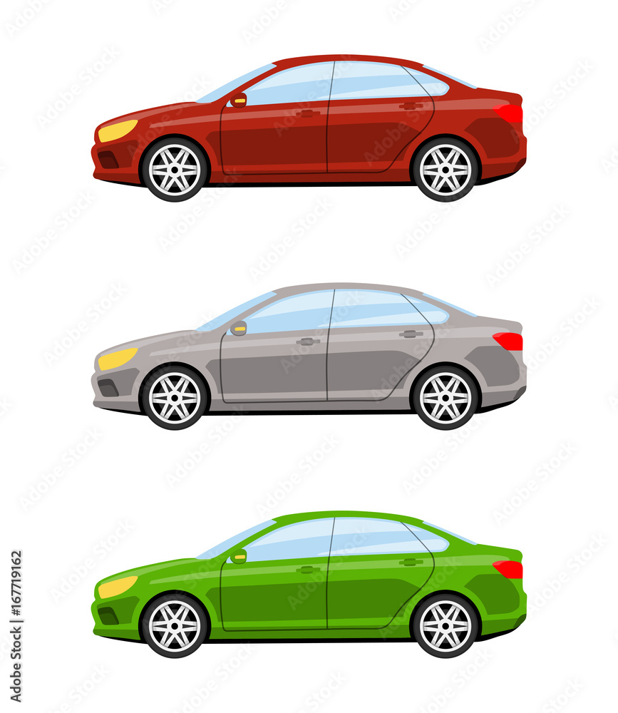 Set of cars side view different colors. Sedan car icon detailed. Vector illustration.