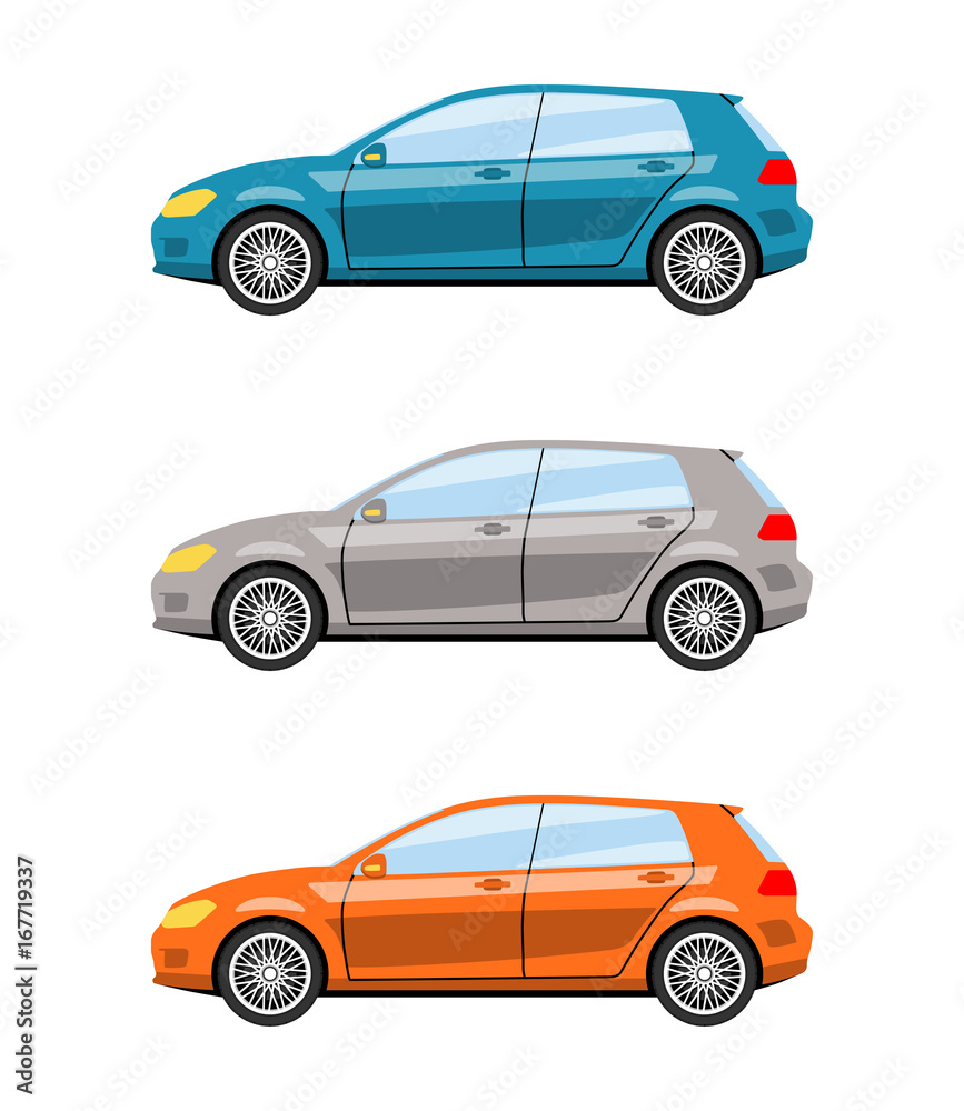 Set of cars side view different colors. Hatchback car icon detailed. Vector illustration.