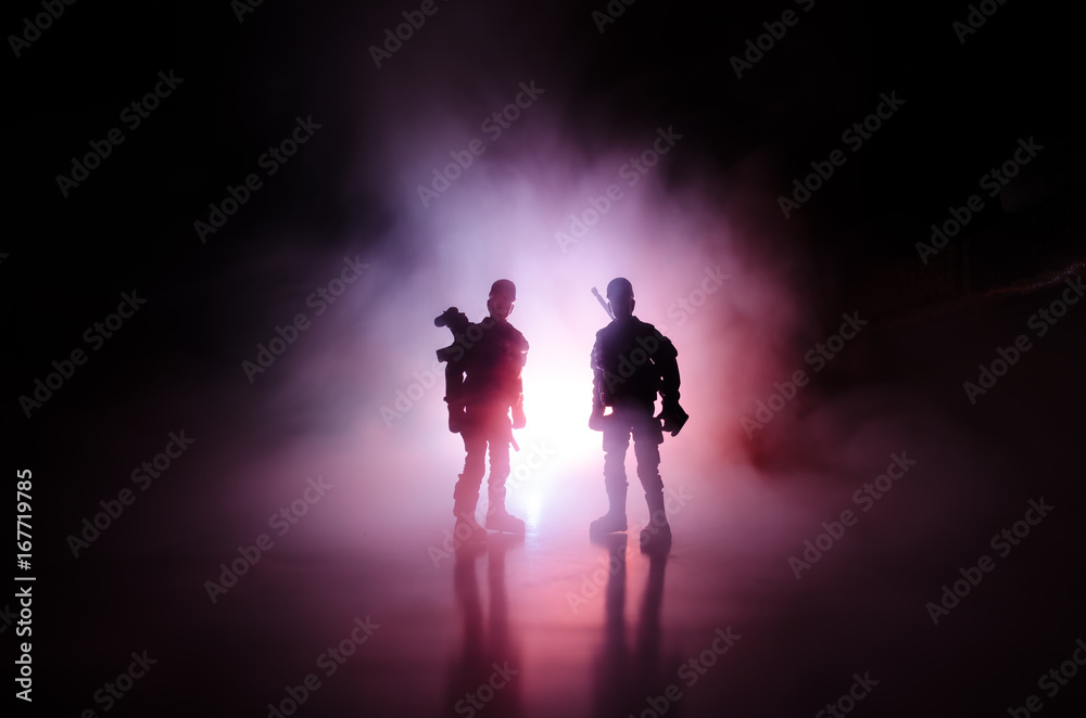 Fototapeta premium Anti-riot police give signal to be ready. Government power concept. Police in action. Smoke on a dark background with lights. Blue red flashing sirens. Dictatorship power.
