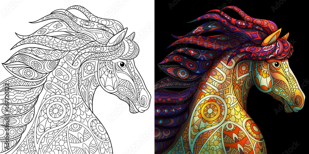 Coloring page of mustang horse. Colorless and color samples for