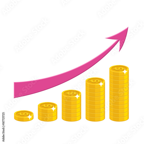 Profit growth cartoon style isolated. The increase of profit in gold dollars for designers and illustrators. Gold pieces income growth in the form of a vector illustration