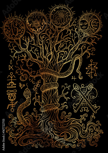 Mystic illustration with spiritual and christian religious symbols as snake, tree of knowledge and forbidden fruit on black background