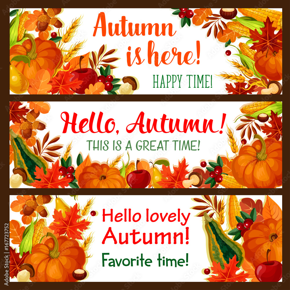 Hello Autumn banner set of fall nature season