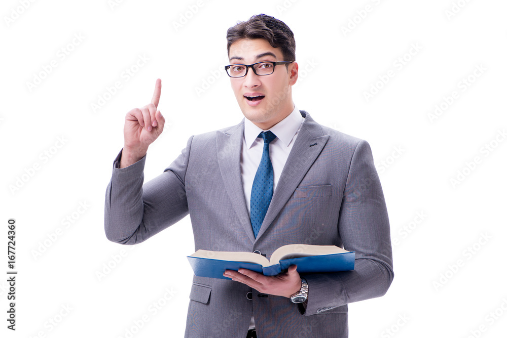 Businessman student reading a book isolated on white background Businessman student reading a book isolated on white background