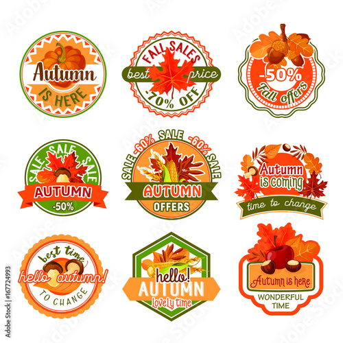 Autumn label set of fall season and sale template
