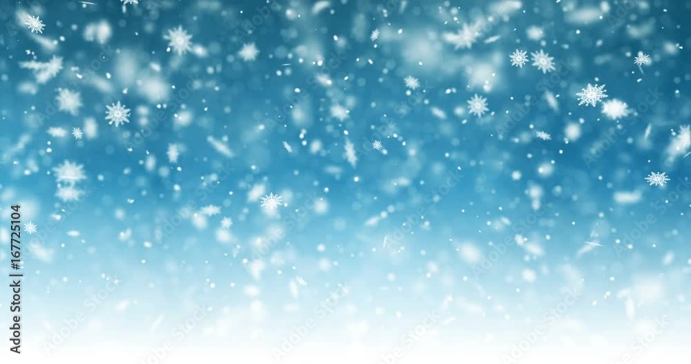 Falling snowflakes and bokeh particles on bright blue background. Abstract New Year backdrop. Animation of snowflakes slowly fall and rotate. Falling snowflakes and bokeh particles on bright blue background. Abstract New Year backdrop. Animation of snowflakes slowly fall and rotate.