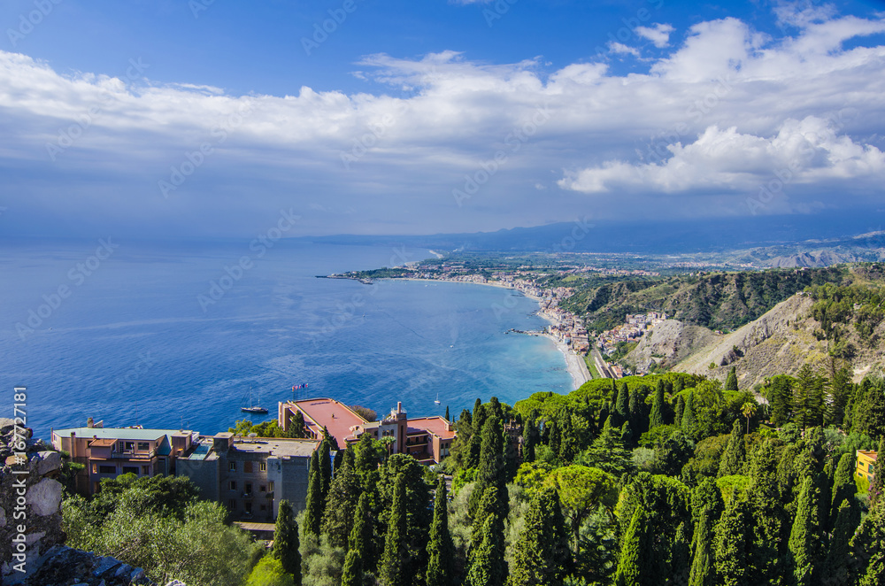 Panoramic view of the Sicilian coastline from the city of taormina italy