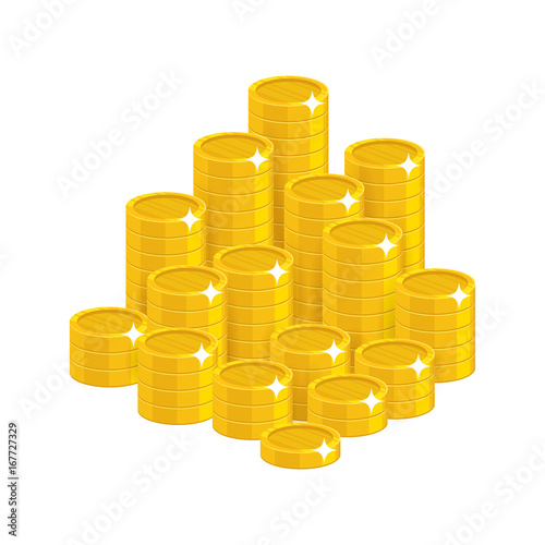 Gold coins mountain cartoon styl isolated. The mountain of shiny gold coins for designers and illustrators. The pile of gold pieces in the form of a vector illustration
