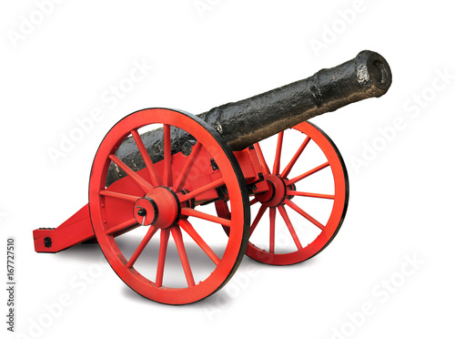 A red and black cannon isolated in white background.