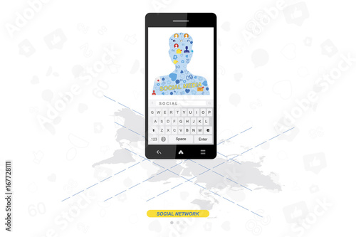 Icons of social networks and symbols of notifications on the background of the silhouette of the avatar in the phone. Flat vector illustration EPS 10