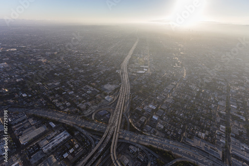 Aerial view of Santa Monica 10 freeway and summer afternoon smog near downtown Los Angeles, California.  