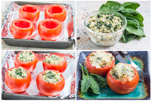 Collage with process of preparation baked tomato stuffed with quinoa and spinach topped with melted cheese, horizontal